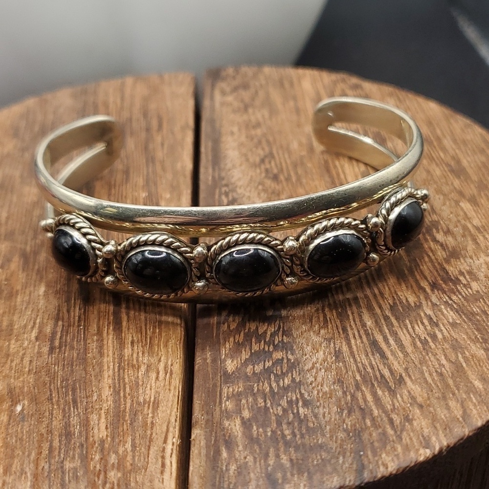 Saudered with 14k gold sterling silver onyx mourning bracelet cuff  B2736‎